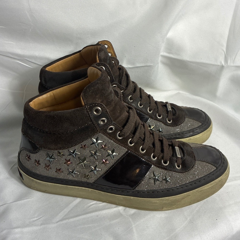 Jimmy Choo Belgravia Brown Suede Star Studded High Top Sneakers Mens 40 Italy